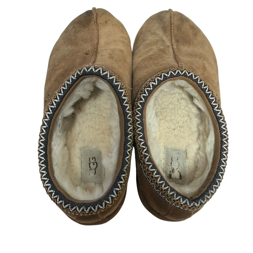 UGG Tasman Slippers Women 9.5/10 Chestnut Brown Suede Sheepskin Braid Trim - Picture 6 of 8